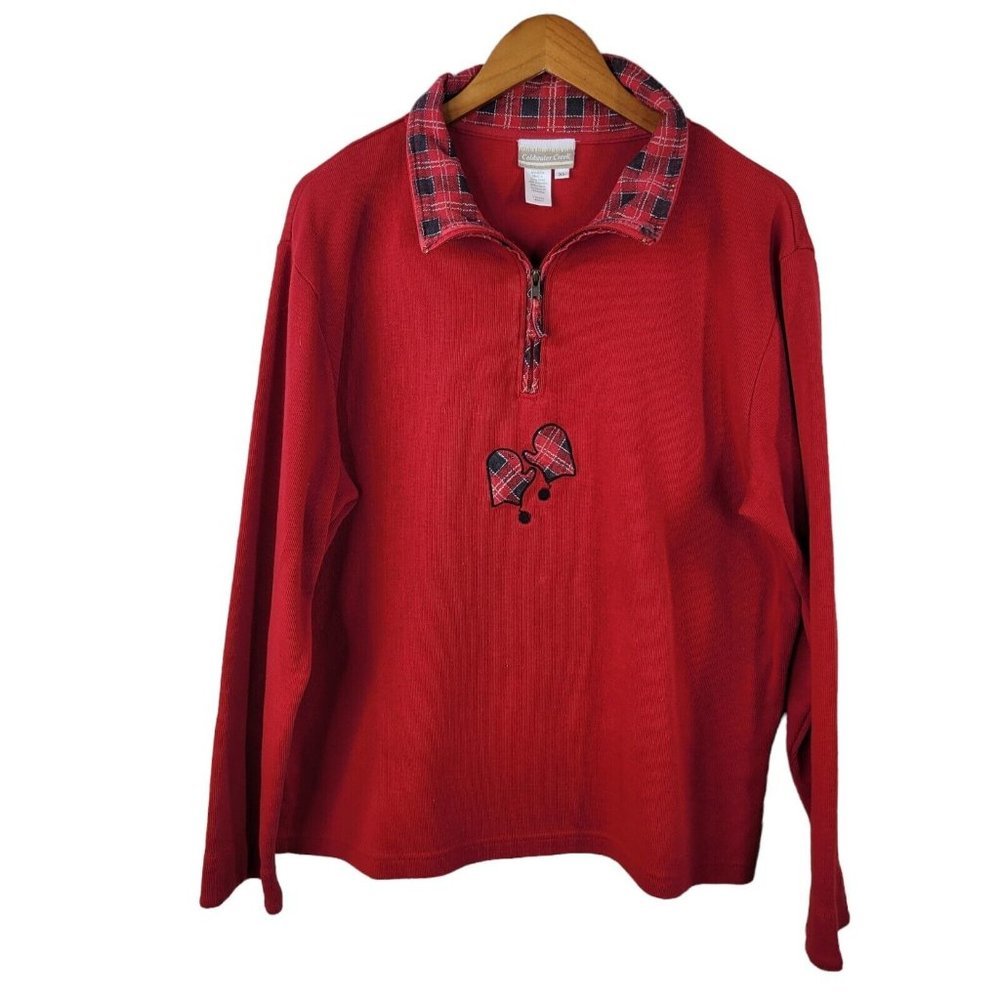 Vintage Coldwater Creek Size XL Sweater Embroidered Mittens Holiday 1/4 Zip red